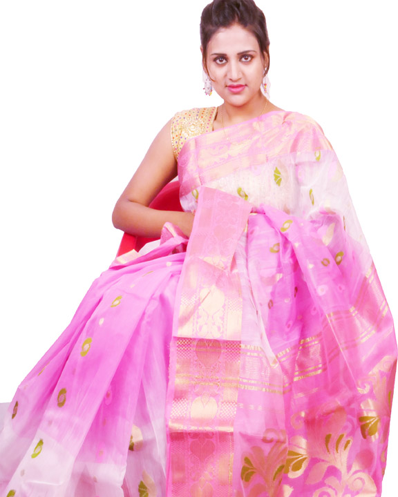 Tussar Silk Saree (Pink Floral)