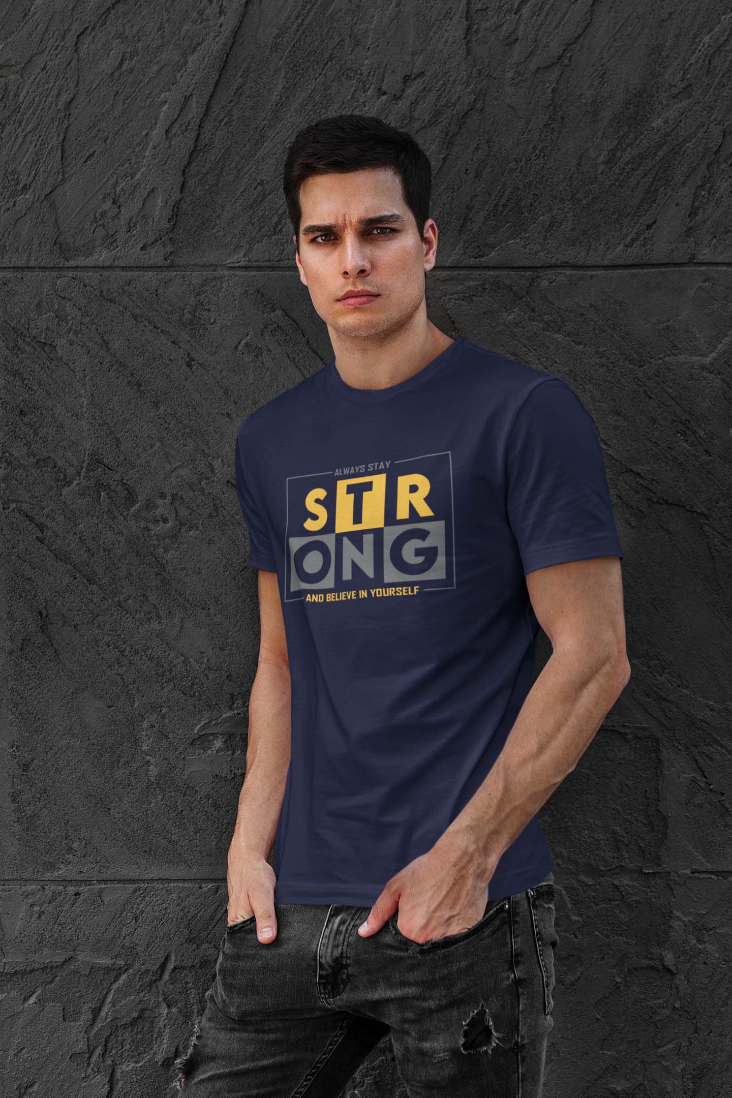 Strong round neck Printed T shirt Navy Blue