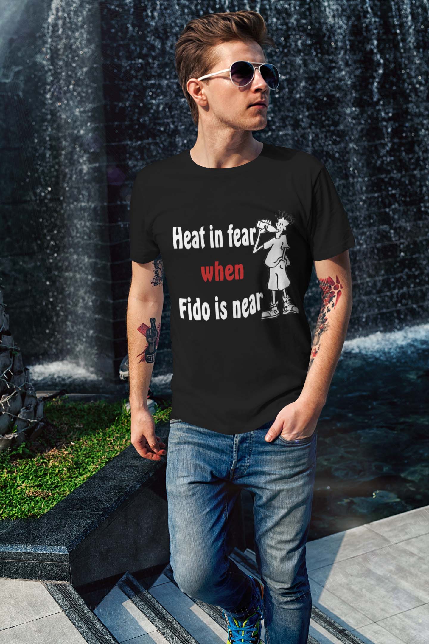 Heat in Fear When Fido is Near Printed T Shirt Black
