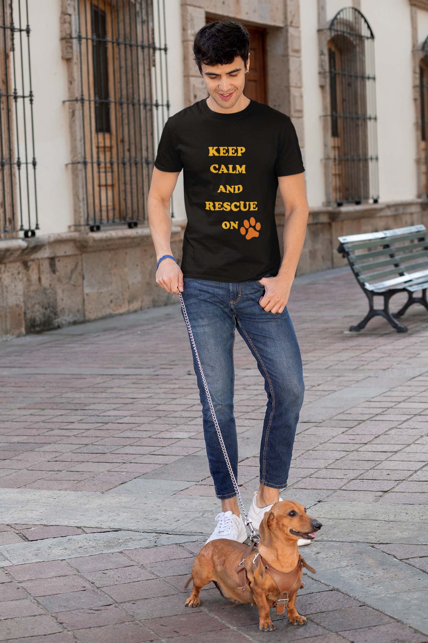 Keep Calm and Rescue On Dog T Shirt Black