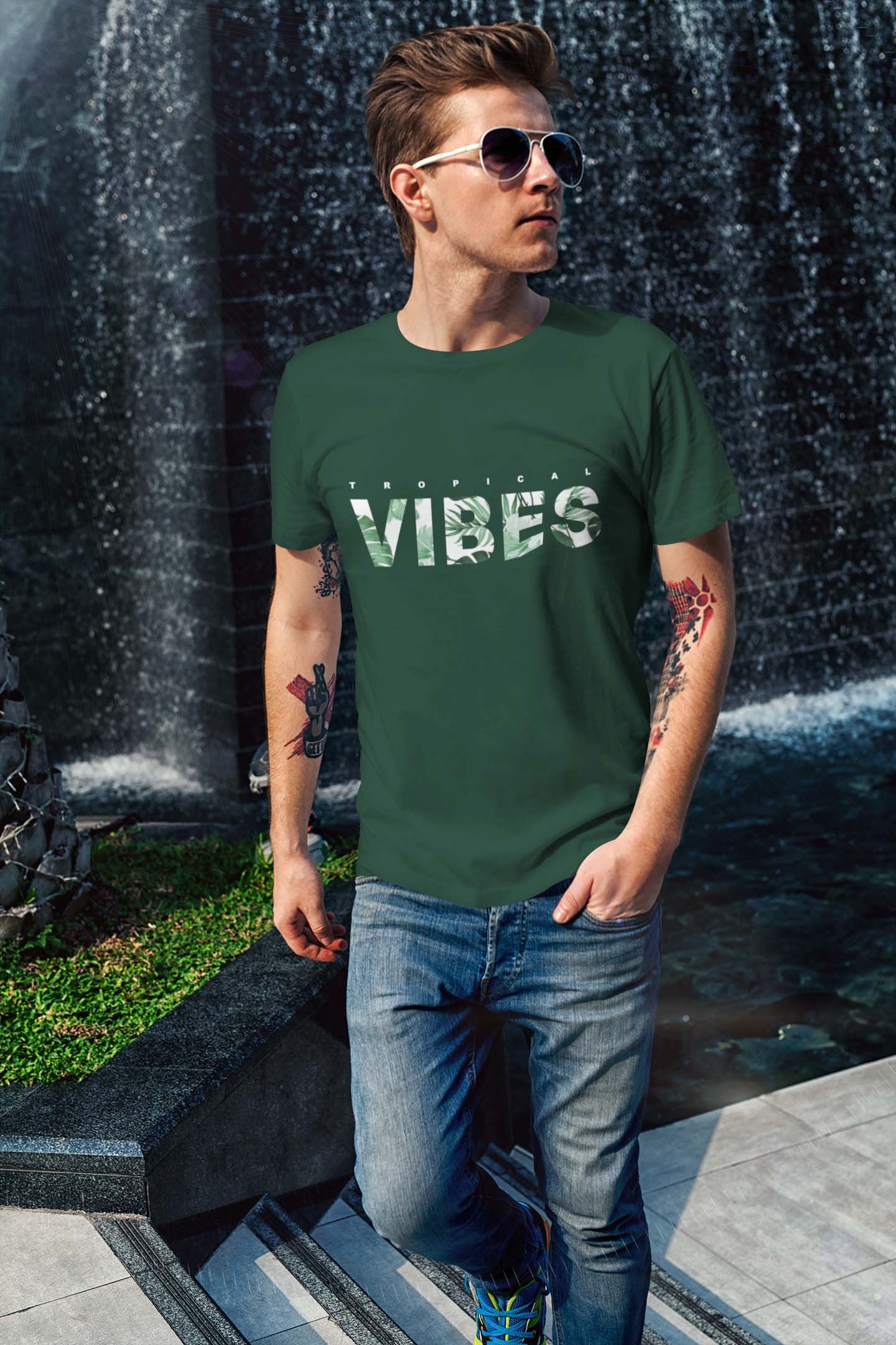 Tropical Vibes Printed T shirt in Bottle Green