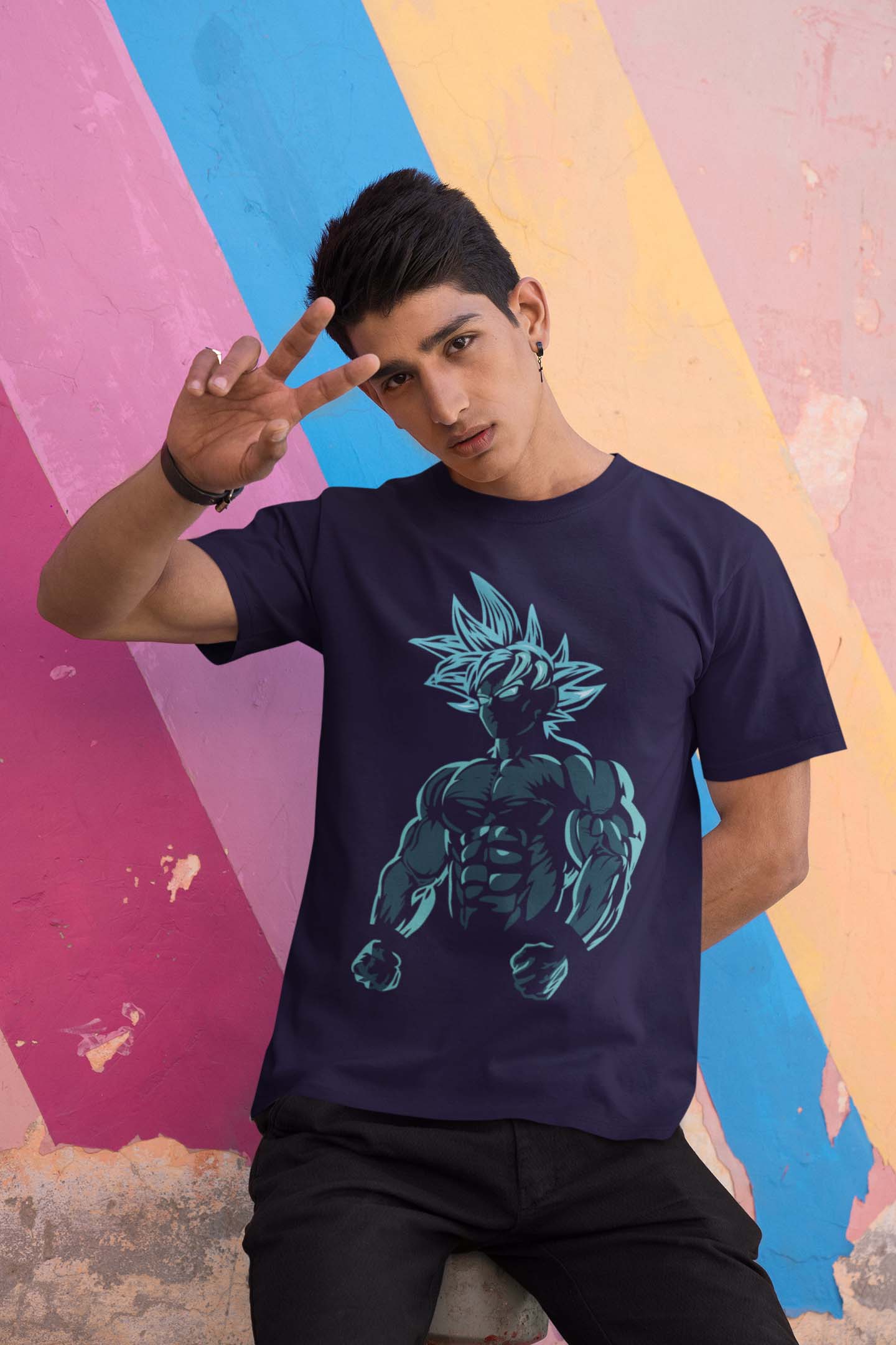 Goku Round Neck Printed T shirt Navyblue