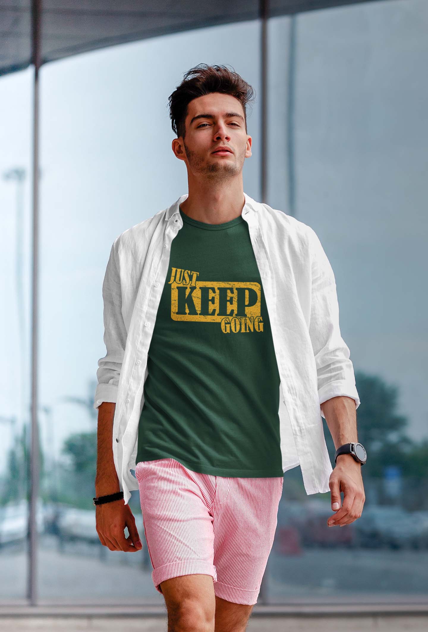 Just Keep Going Round Neck Printed T shirt Bottle Green