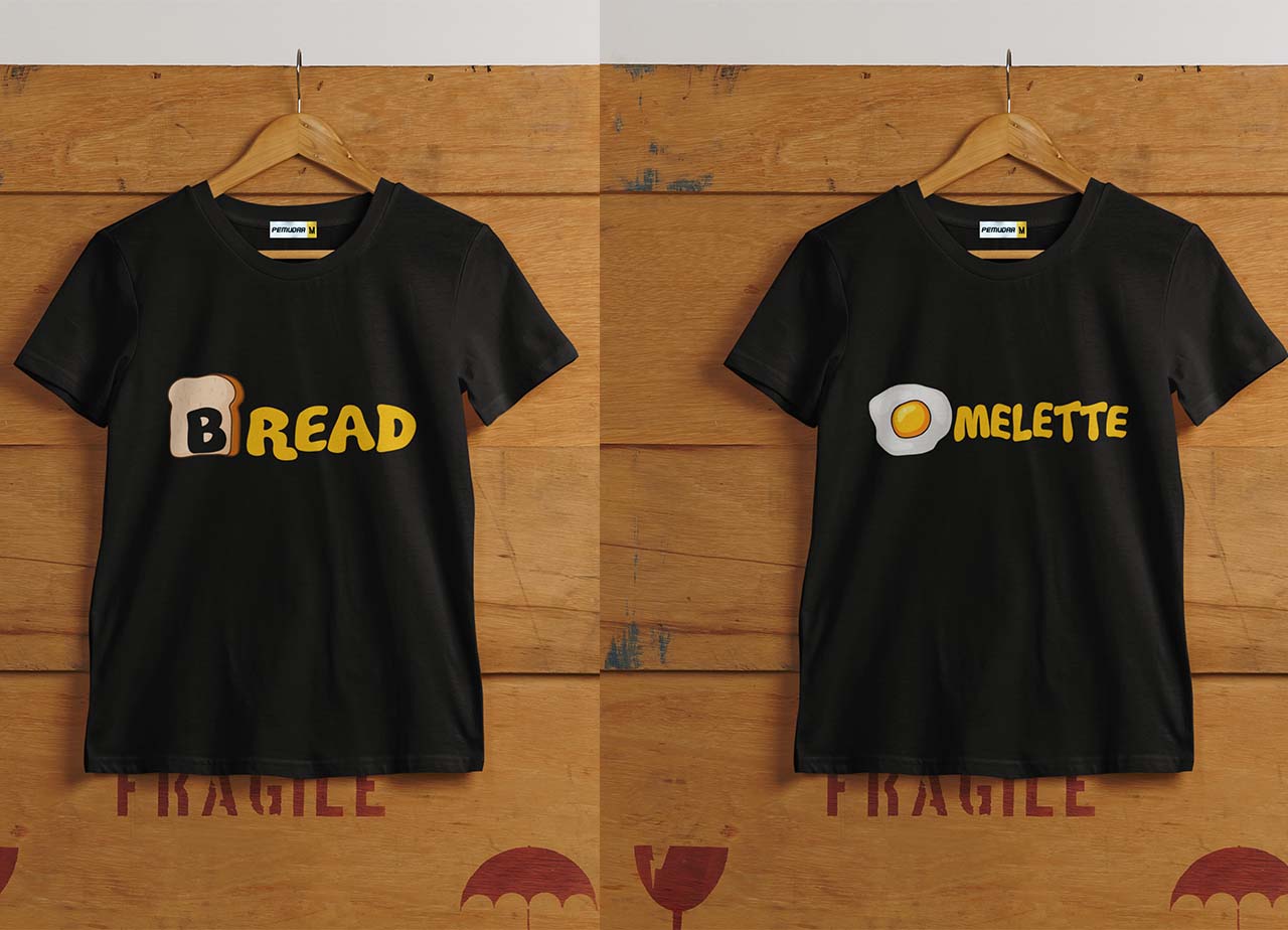 Bread Omelette Printed Couple T Shirt Black